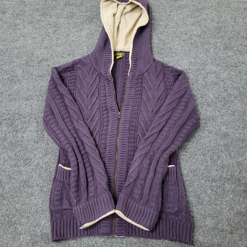 Cabela's Sweater Womens Size S Purple Cable Knit Sherpa Lined Hooded Full Zip